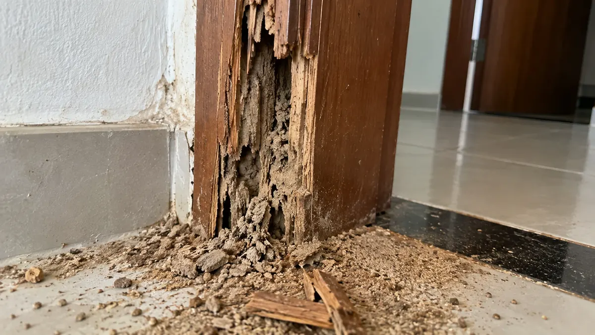 Batente e rodapé de madeira destruídos por cupim — dano estrutural que a Rio Pest identifica na inspeção técnica