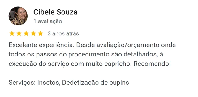 Avaliação de Cibele Souza no Google: orçamento detalhado e serviço de dedetização de cupins feito com capricho