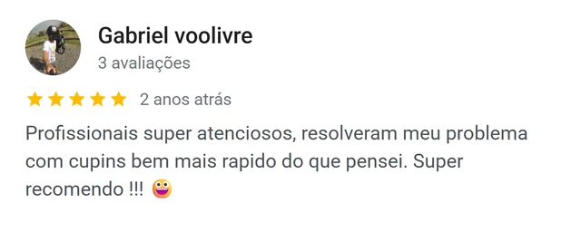Avaliação de Gabriel no Google: resolveram o problema com cupins mais rápido do que esperava