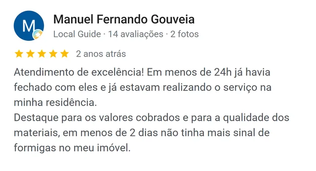 Avaliação de Manuel Fernando Gouveia no Google: em menos de 24 horas o serviço já estava sendo feito