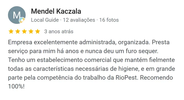 Avaliação de Mendel Kaczala no Google: presta serviço ao estabelecimento comercial há anos e nunca falhou