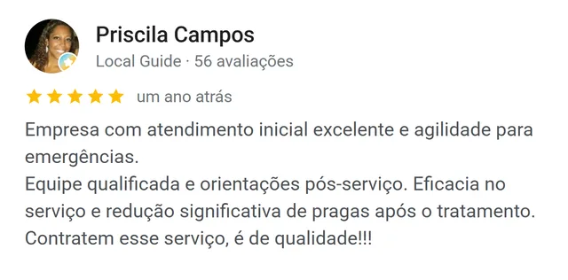 Avaliação de Priscila Campos no Google: agilidade para emergências e redução significativa das pragas