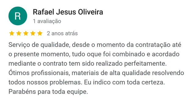 Avaliação de Rafael Jesus Oliveira no Google: tudo o que foi acordado em contrato tem sido realizado perfeitamente