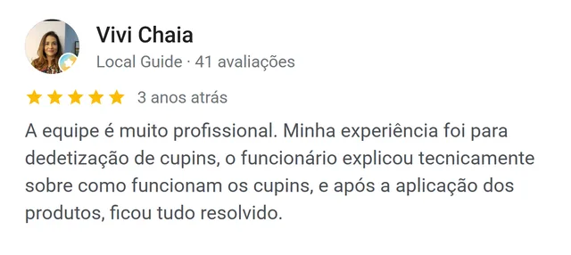 Avaliação de Vivi Chaia no Google: dedetização de cupins com explicação técnica, tudo resolvido