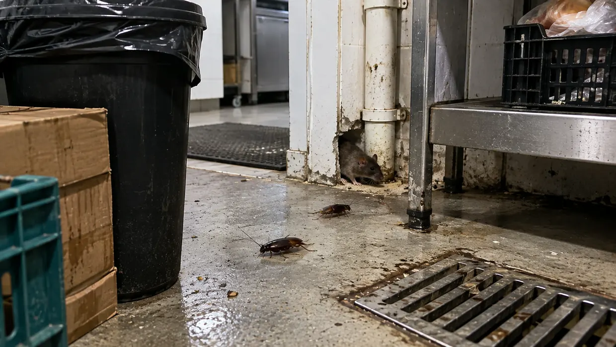 Rato e baratas em área de depósito comercial — pragas urbanas atendidas pela Rio Pest